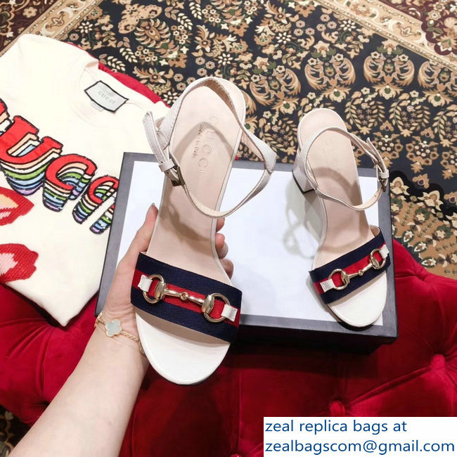 Gucci Heel 6.5cm/10.5cm Web Horsebit Fabric and Leather Sandals White 2019 - Click Image to Close