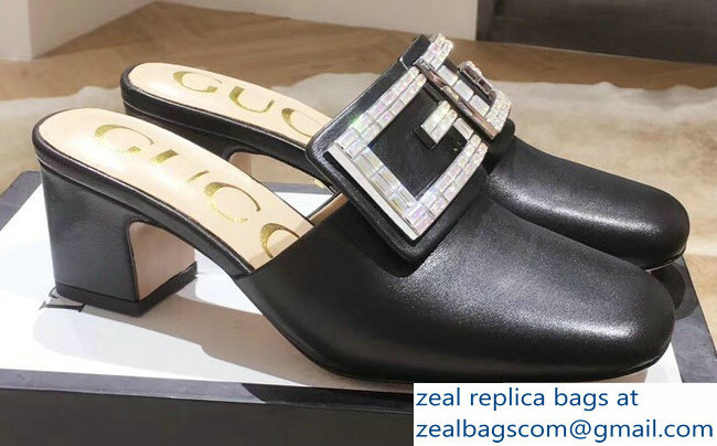 Gucci Heel 6cm Crystal G Slipper Mules Black 2019