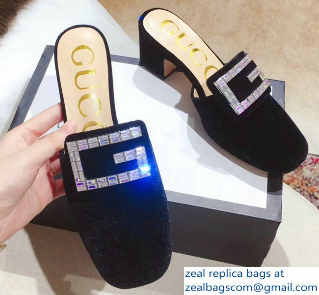 Gucci Heel 6cm Crystal G Slipper Mules Velvet Black 2019