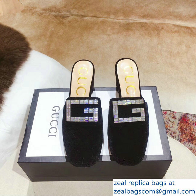 Gucci Heel 6cm Crystal G Slipper Mules Velvet Black 2019 - Click Image to Close