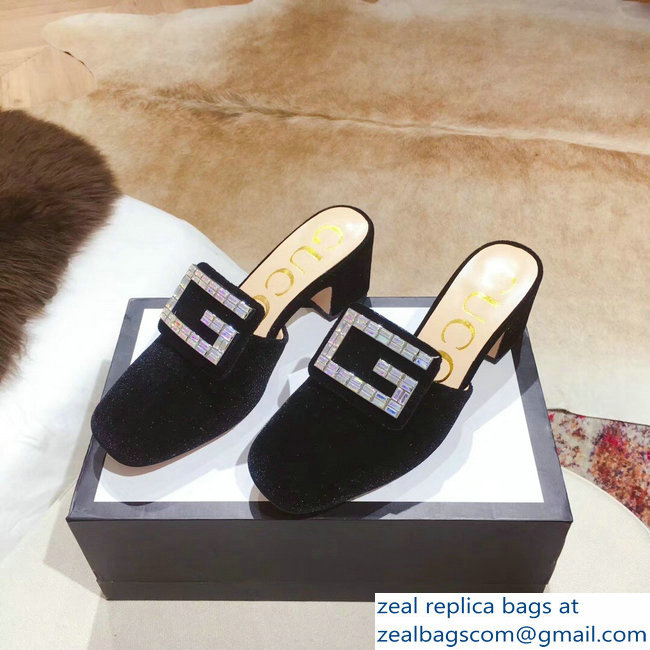 Gucci Heel 6cm Crystal G Slipper Mules Velvet Black 2019 - Click Image to Close