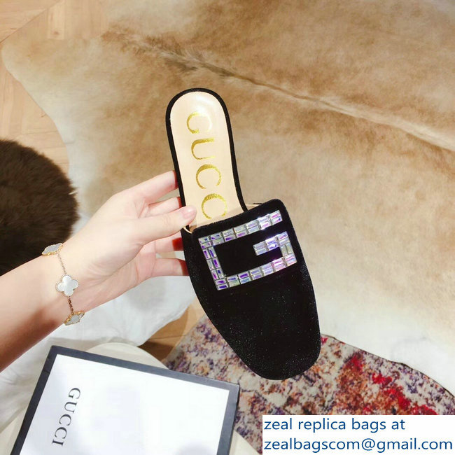 Gucci Heel 6cm Crystal G Slipper Mules Velvet Black 2019 - Click Image to Close