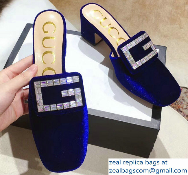 Gucci Heel 6cm Crystal G Slipper Mules Velvet Blue 2019