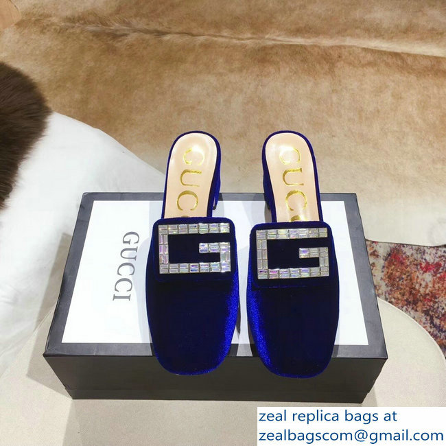 Gucci Heel 6cm Crystal G Slipper Mules Velvet Blue 2019