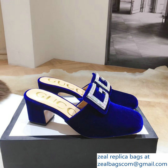 Gucci Heel 6cm Crystal G Slipper Mules Velvet Blue 2019