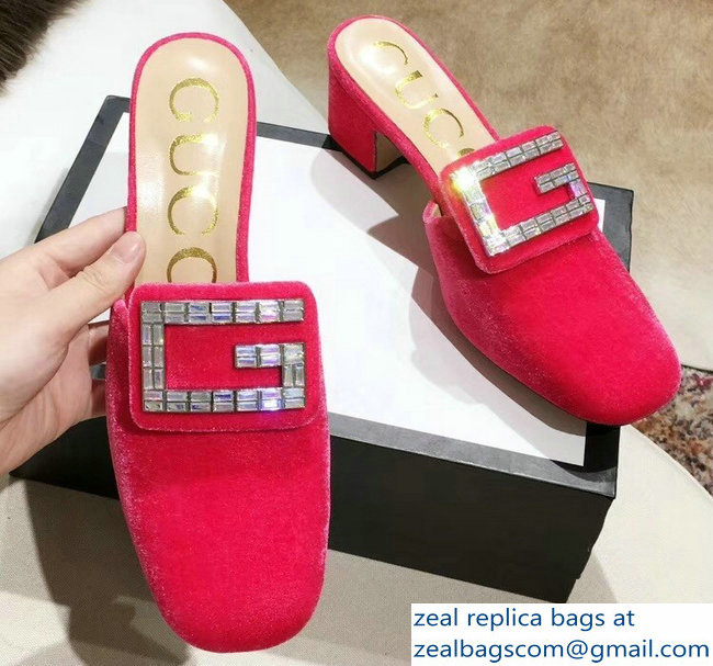 Gucci Heel 6cm Crystal G Slipper Mules Velvet Pink 2019 - Click Image to Close