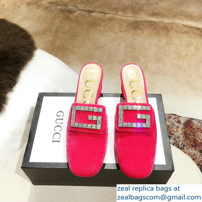 Gucci Heel 6cm Crystal G Slipper Mules Velvet Pink 2019