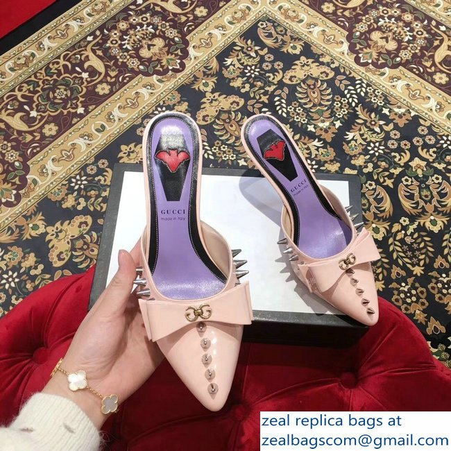 Gucci Heel 8cm Patent Leather Silver-toned Spikes Mules with Bow Nude Pink 2019