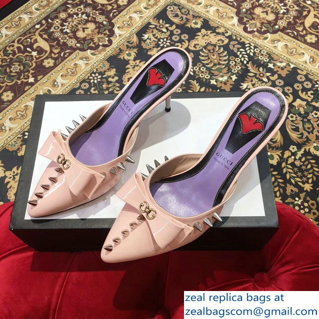 Gucci Heel 8cm Patent Leather Silver-toned Spikes Mules with Bow Nude Pink 2019