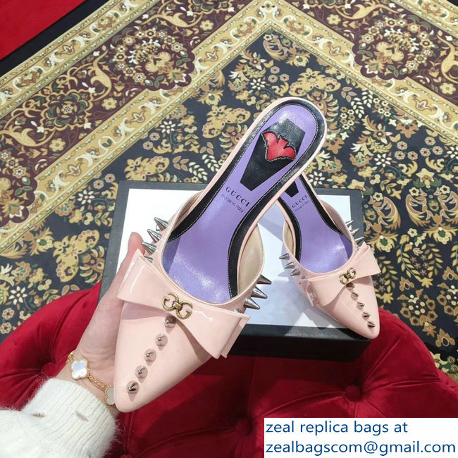Gucci Heel 8cm Patent Leather Silver-toned Spikes Mules with Bow Nude Pink 2019