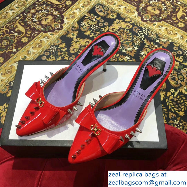 Gucci Heel 8cm Patent Leather Silver-toned Spikes Mules with Bow Red 2019
