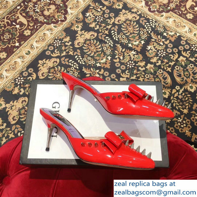 Gucci Heel 8cm Patent Leather Silver-toned Spikes Mules with Bow Red 2019
