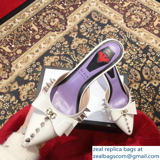 Gucci Heel 8cm Patent Leather Silver-toned Spikes Mules with Bow White 2019