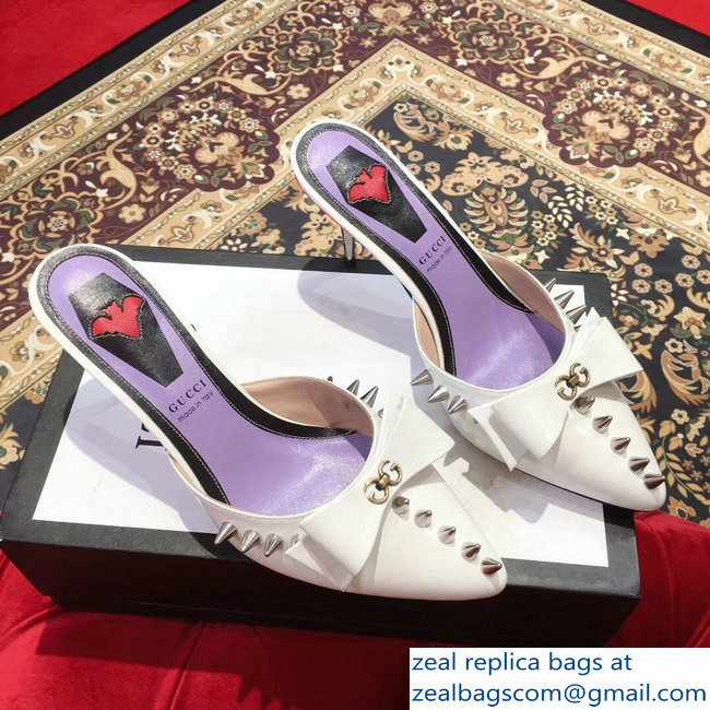 Gucci Heel 8cm Patent Leather Silver-toned Spikes Mules with Bow White 2019