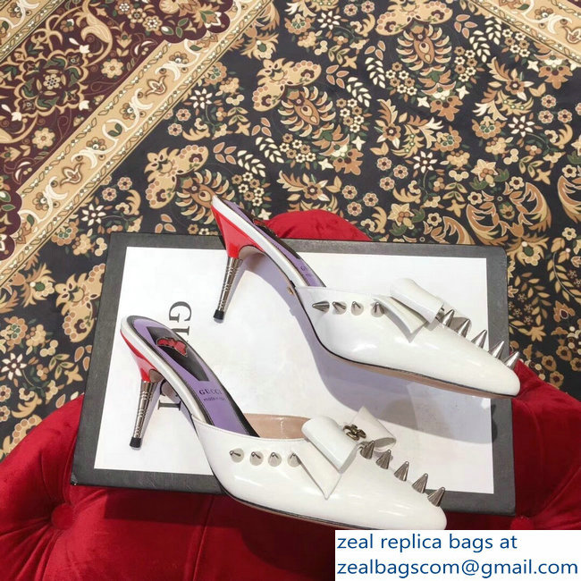 Gucci Heel 8cm Patent Leather Silver-toned Spikes Mules with Bow White 2019