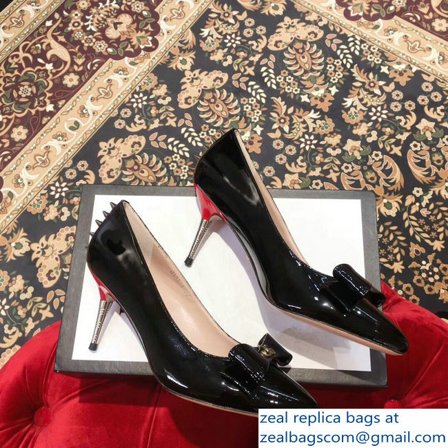 Gucci Heel 8cm Patent Leather Silver-toned Spikes Pumps with Bow 549666 Black 2019 - Click Image to Close