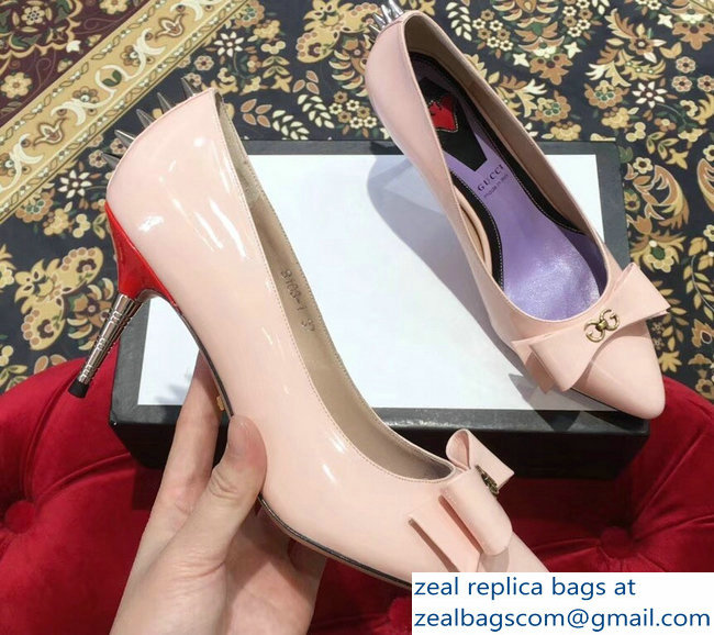 Gucci Heel 8cm Patent Leather Silver-toned Spikes Pumps with Bow 549666 Nude Pink 2019 - Click Image to Close