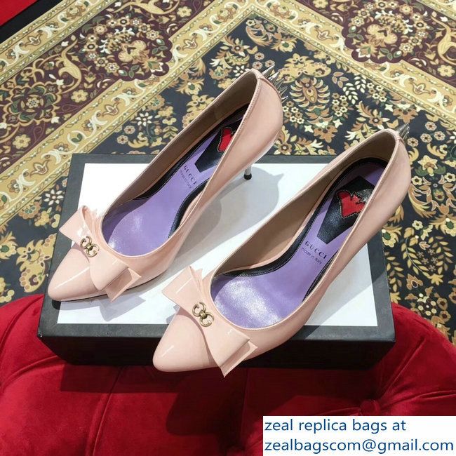 Gucci Heel 8cm Patent Leather Silver-toned Spikes Pumps with Bow 549666 Nude Pink 2019 - Click Image to Close