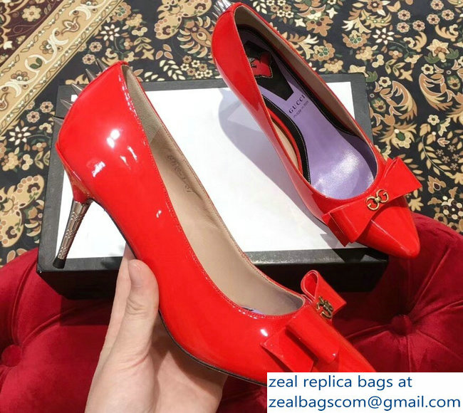 Gucci Heel 8cm Patent Leather Silver-toned Spikes Pumps with Bow 549666 Red 2019 - Click Image to Close