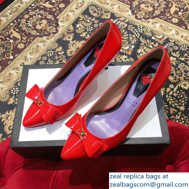 Gucci Heel 8cm Patent Leather Silver-toned Spikes Pumps with Bow 549666 Red 2019 - Click Image to Close
