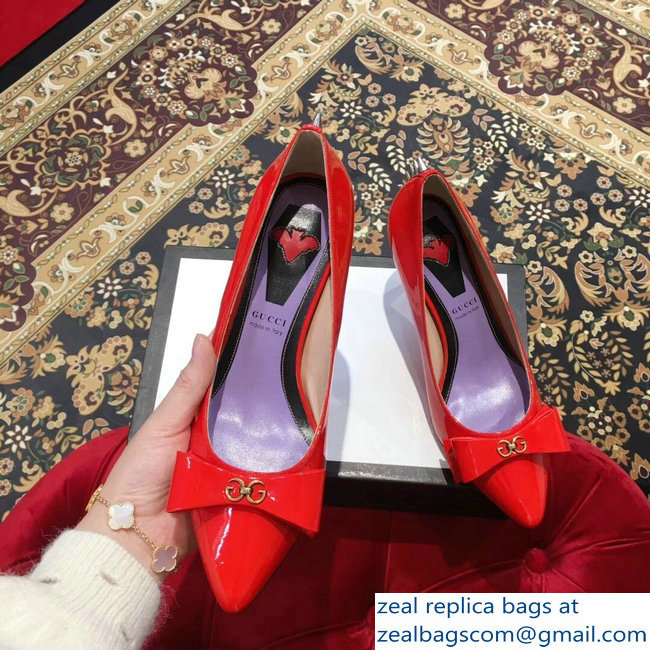 Gucci Heel 8cm Patent Leather Silver-toned Spikes Pumps with Bow 549666 Red 2019 - Click Image to Close