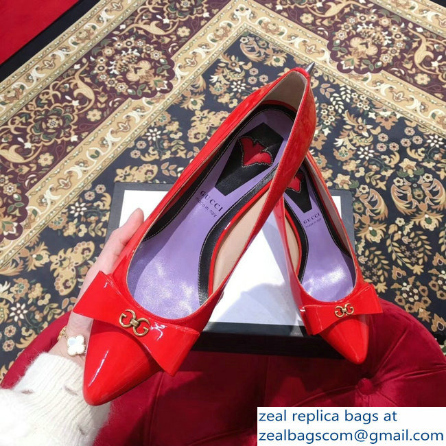 Gucci Heel 8cm Patent Leather Silver-toned Spikes Pumps with Bow 549666 Red 2019 - Click Image to Close