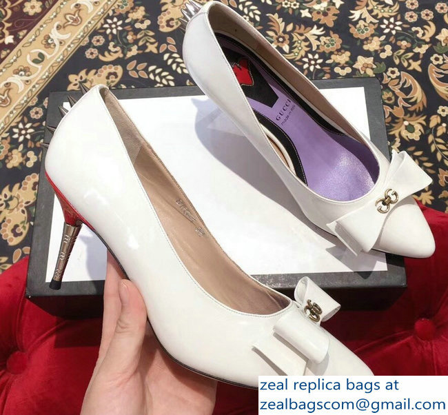 Gucci Heel 8cm Patent Leather Silver-toned Spikes Pumps with Bow 549666 White 2019 - Click Image to Close