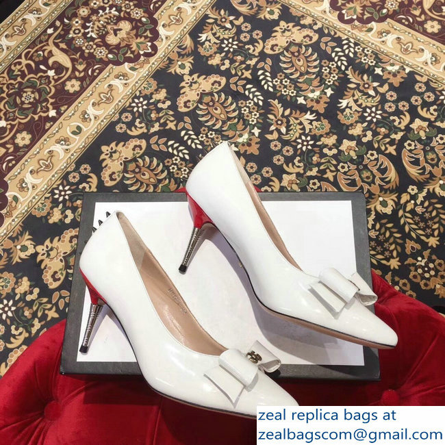 Gucci Heel 8cm Patent Leather Silver-toned Spikes Pumps with Bow 549666 White 2019 - Click Image to Close