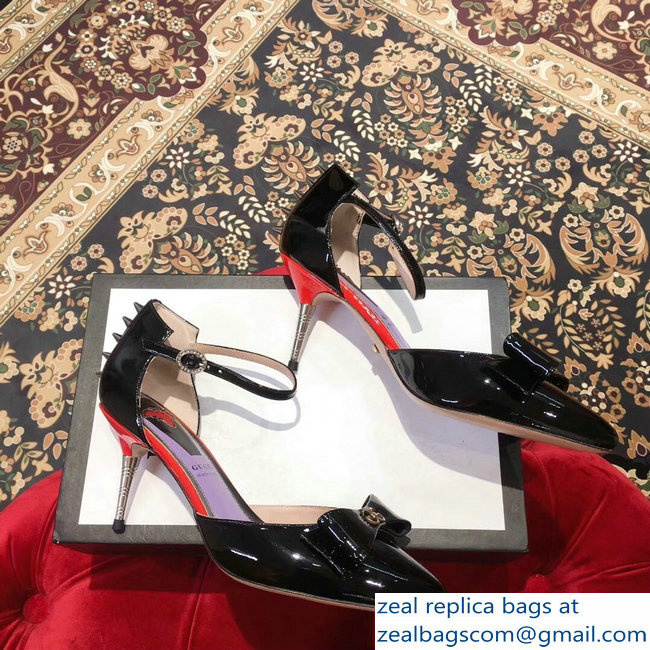 Gucci Heel 8cm Patent Leather Silver-toned Spikes Sandals with Bow Black 2019