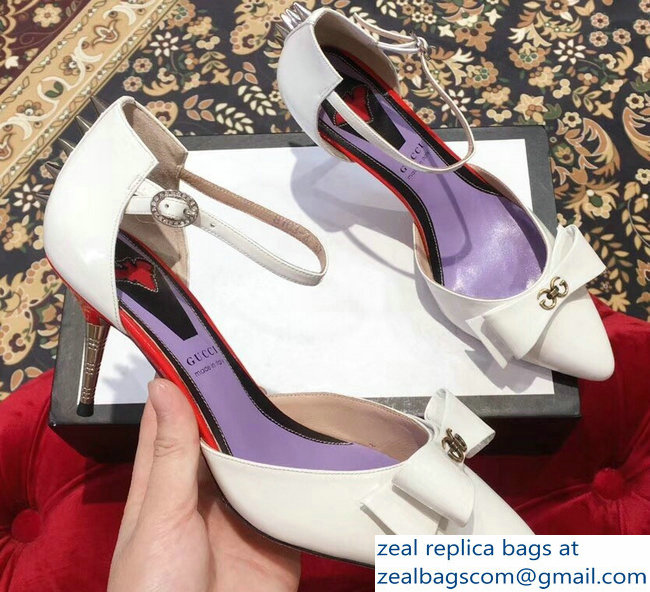 Gucci Heel 8cm Patent Leather Silver-toned Spikes Sandals with Bow White 2019