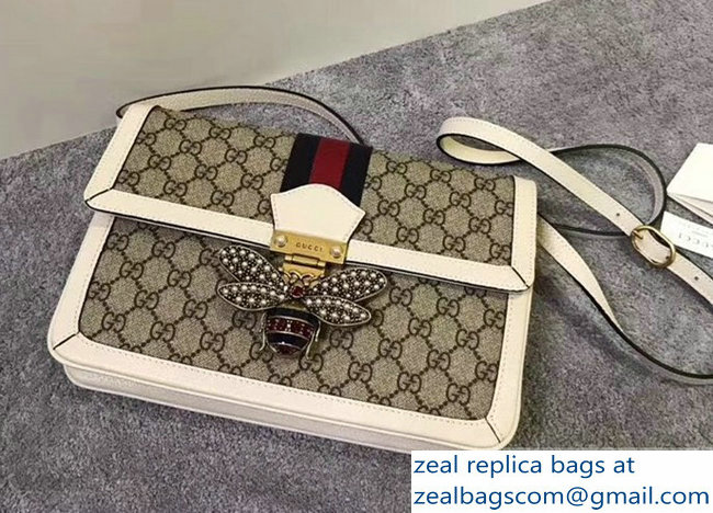 Gucci Queen Margaret Metal Bee Web GG Supreme Medium Shoulder Bag 524356 white 2018