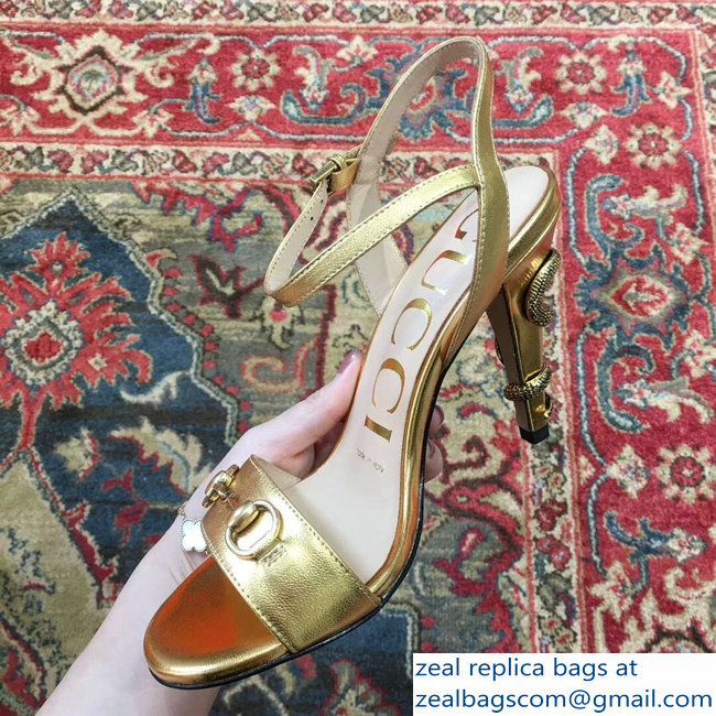 Gucci Snake Heel 9cm Horsebit Leather Sandals Gold 2019 - Click Image to Close