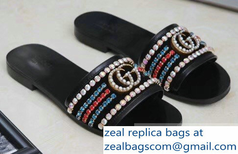 Gucci Velvet Slide Sandals With Crystals 525366 Black 2019