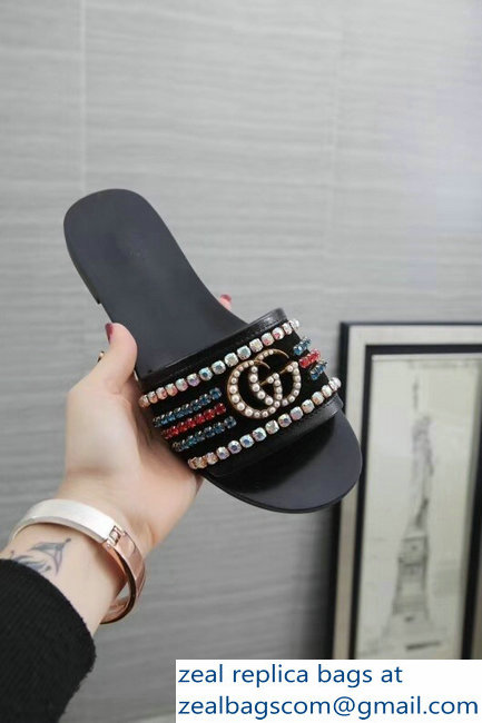 Gucci Velvet Slide Sandals With Crystals 525366 Black 2019