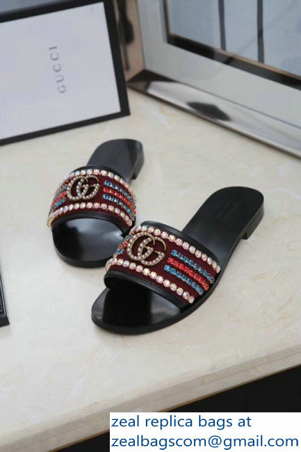 Gucci Velvet Slide Sandals With Crystals 525366 Burgundy 2019