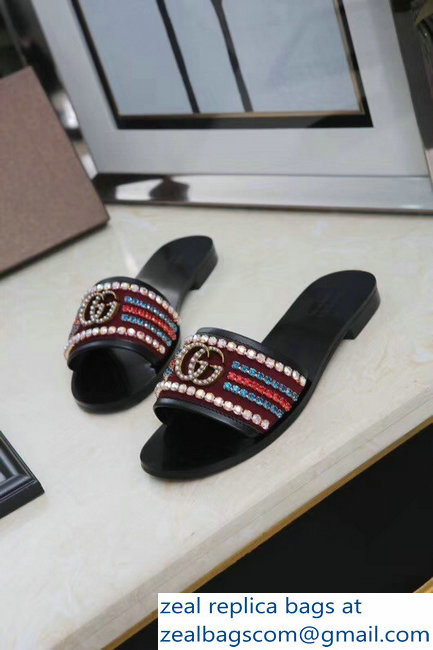 Gucci Velvet Slide Sandals With Crystals 525366 Burgundy 2019