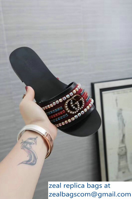 Gucci Velvet Slide Sandals With Crystals 525366 Burgundy 2019