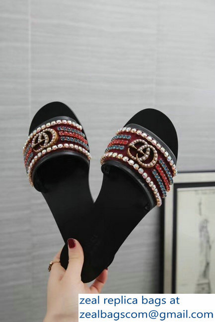 Gucci Velvet Slide Sandals With Crystals 525366 Burgundy 2019