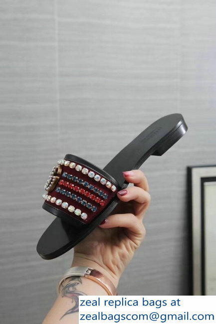Gucci Velvet Slide Sandals With Crystals 525366 Burgundy 2019
