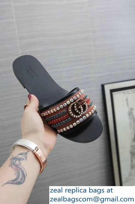 Gucci Velvet Slide Sandals With Crystals 525366 Camel 2019