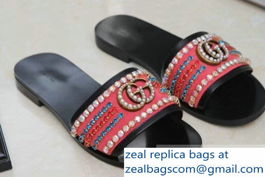 Gucci Velvet Slide Sandals With Crystals 525366 Dark Pink 2019 - Click Image to Close