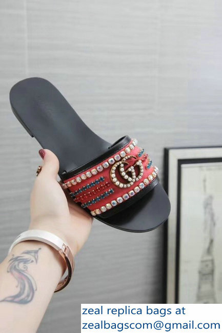 Gucci Velvet Slide Sandals With Crystals 525366 Dark Pink 2019 - Click Image to Close