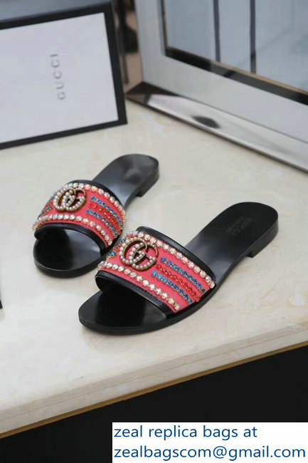 Gucci Velvet Slide Sandals With Crystals 525366 Dark Pink 2019