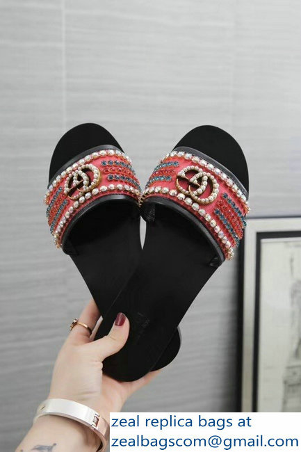 Gucci Velvet Slide Sandals With Crystals 525366 Dark Pink 2019 - Click Image to Close