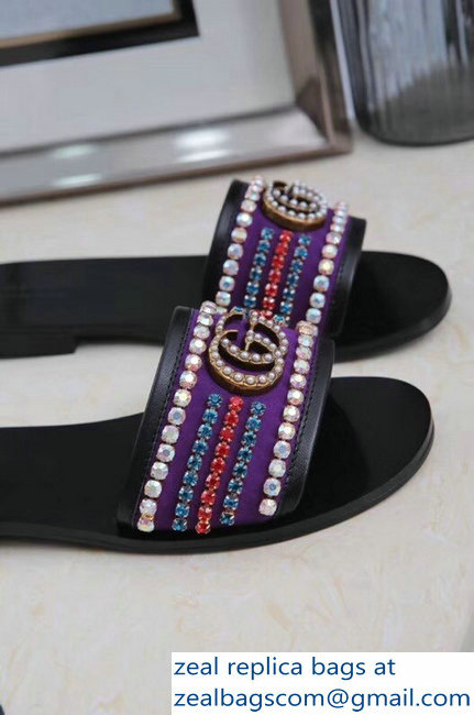 Gucci Velvet Slide Sandals With Crystals 525366 Purple 2019 - Click Image to Close