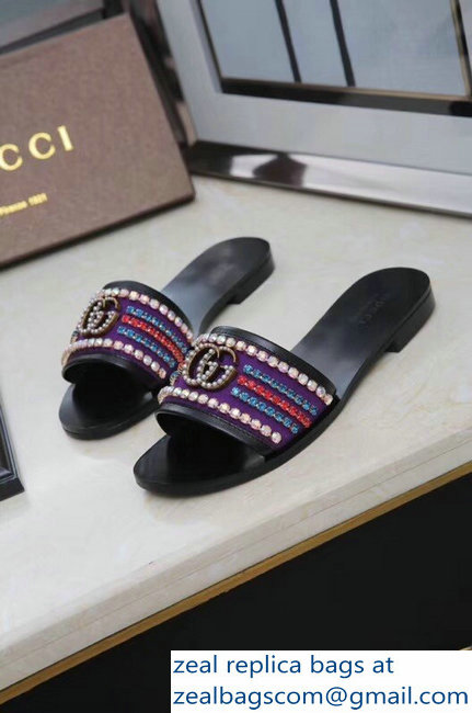 Gucci Velvet Slide Sandals With Crystals 525366 Purple 2019 - Click Image to Close