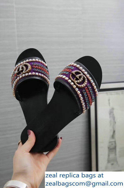 Gucci Velvet Slide Sandals With Crystals 525366 Purple 2019 - Click Image to Close