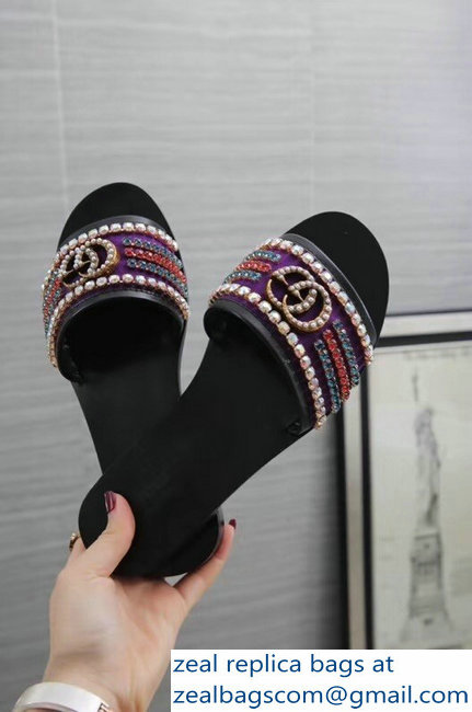 Gucci Velvet Slide Sandals With Crystals 525366 Purple 2019