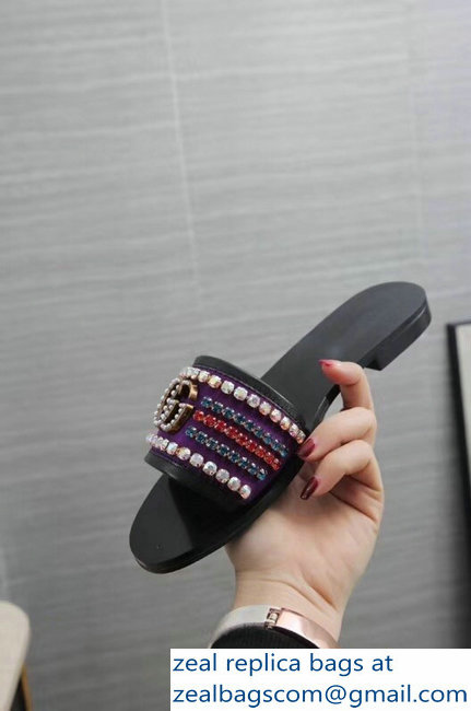 Gucci Velvet Slide Sandals With Crystals 525366 Purple 2019 - Click Image to Close