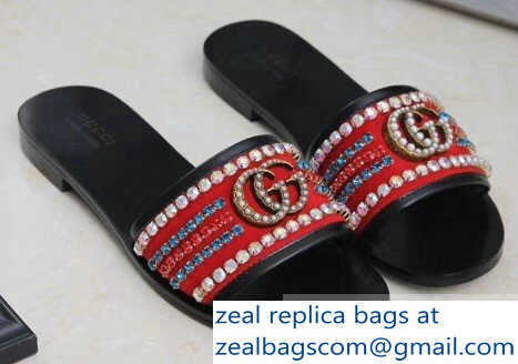 Gucci Velvet Slide Sandals With Crystals 525366 Red 2019 - Click Image to Close